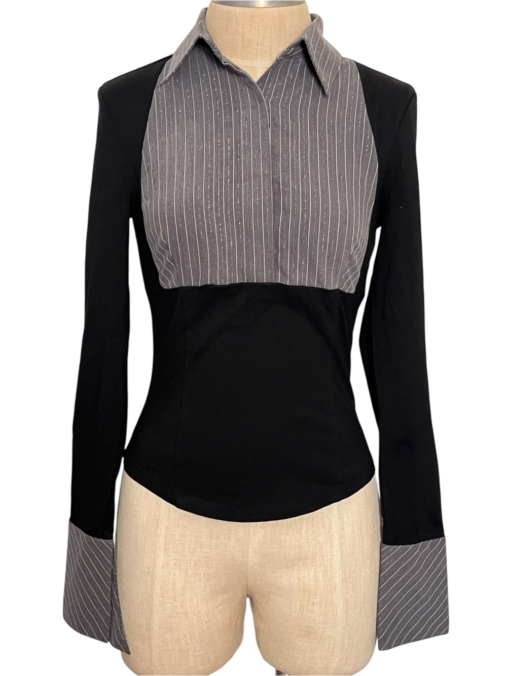 I.AM.GIA Sharah Top Black Gray Pinstripe Contrast Collared Top Size Small - Picture 5 of 8